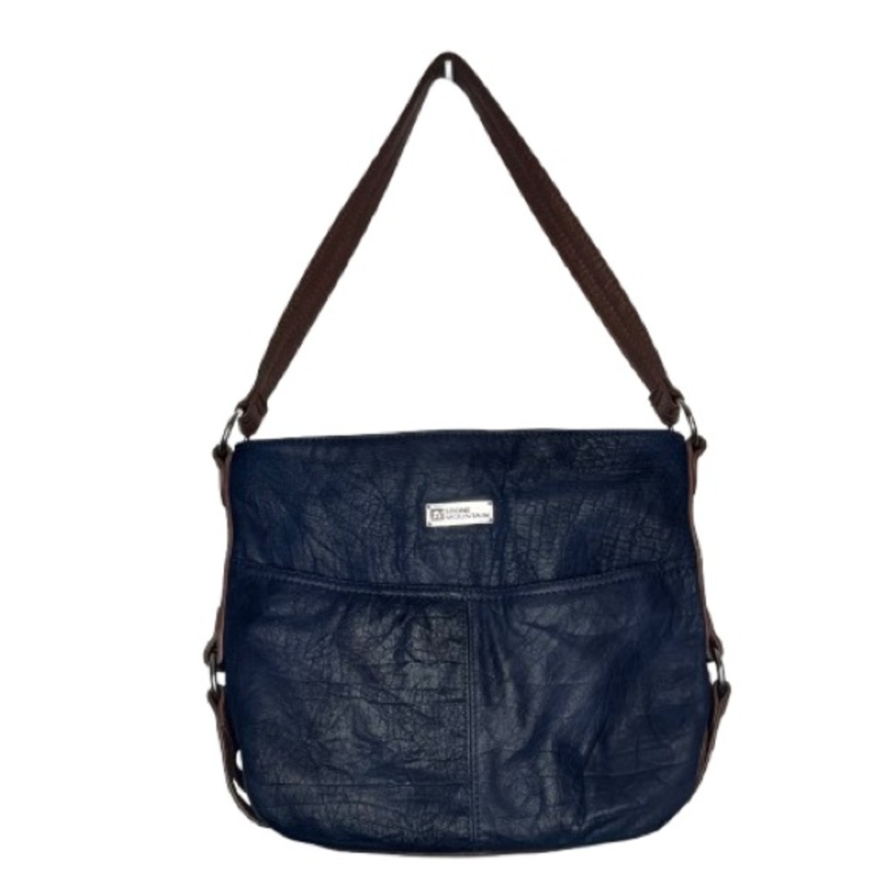 Stone Mountain Navy Blue Leather Hobo Shoulder Bag with Brown Strap